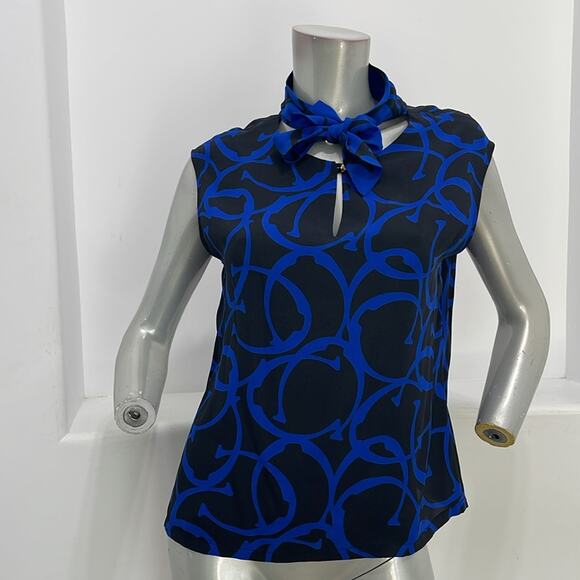 Étienne Aigner Sleeveless Silk Blouse Top Blue Black  Size Various - Picture 2 of 12